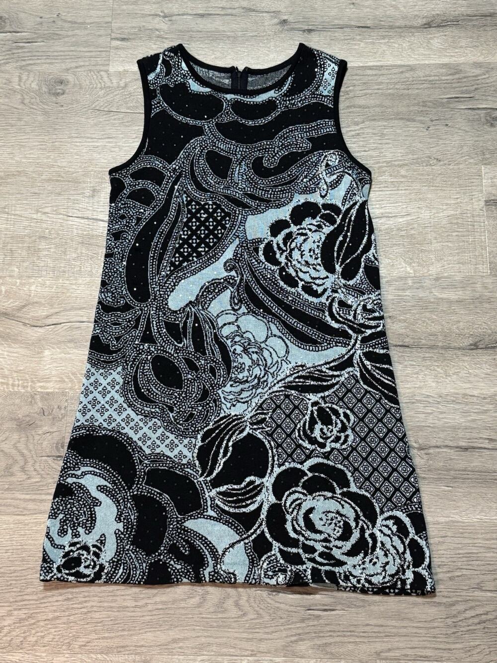 St. John Collection $995 Sleeveless Knit Dress Sz 8 Floral Print EUC Black Blue